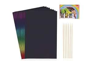Scratch Art,HellDoler Fogli da Grattare 60 Fogli Arcobaleno da Grattare con 4 Modelli di Disegno su Righelli Forati con 6 Puntine in Legno per Disegnare (60PCS)