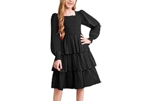 Arshiner Robes Filles Manches Lanterne élégante Robe smockée à Manches Longues Robe de soirée Mariage Festif Robe trapèze décontractée Enfants Encolure carrée 6-13 Ans