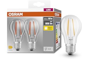 OSRAM Base Classic A FIL 60 LAMPA LED z podstawą E27, klasyczny kształt tłoka, podwójny pakiet, 6,5 W, 806 lm, 2700K, ciepłe białe światło, niski rozwój ciepła, długa żywotność