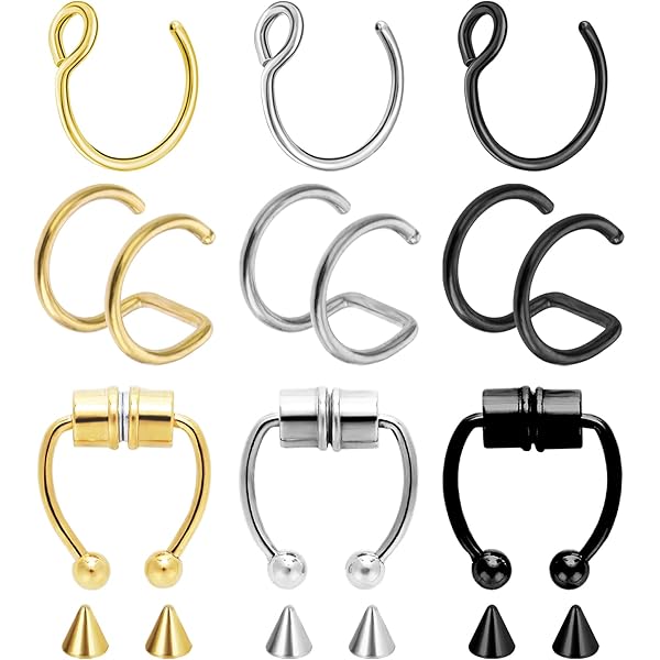 6 Stück Fake Nasenpiercing Ringe - Chirurgenstahl Gold Silber Schwarz