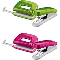 Novus Schreibtisch Set (Heftgerät E 15 mit Locher E 210) | 1x grün + 1x pink