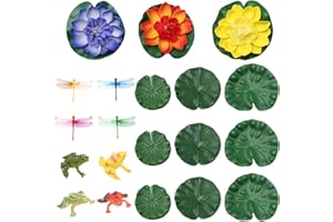 Sixfolo 20 Stück Teich Dekoration Set,Künstliche Seerosen Schwimmende Blumen,Wasserlilie Pflanzen und Künstliche Lotusblätter mit Libelle Frosch für Aquarium Terrasse Garten Pool Garten