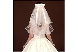 DISHOWME Voile de mariage à 2 niveaux mariée nœud ruban cathédrale tête voile de mariée doux tulle bord coupé accessoires de cheveux du bout des doigts avec peigne pour femmes mariées (Blanc B)
