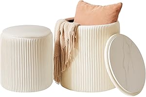 IBUYKE set di 2 ottoni rotondi con stoccaggio, sgabello vanità in velluto per trucco, tavolino imbottito moderno sedile, sgabello poggiapiedi multiuso per soggiorno e camera da letto, bianco WBD005W