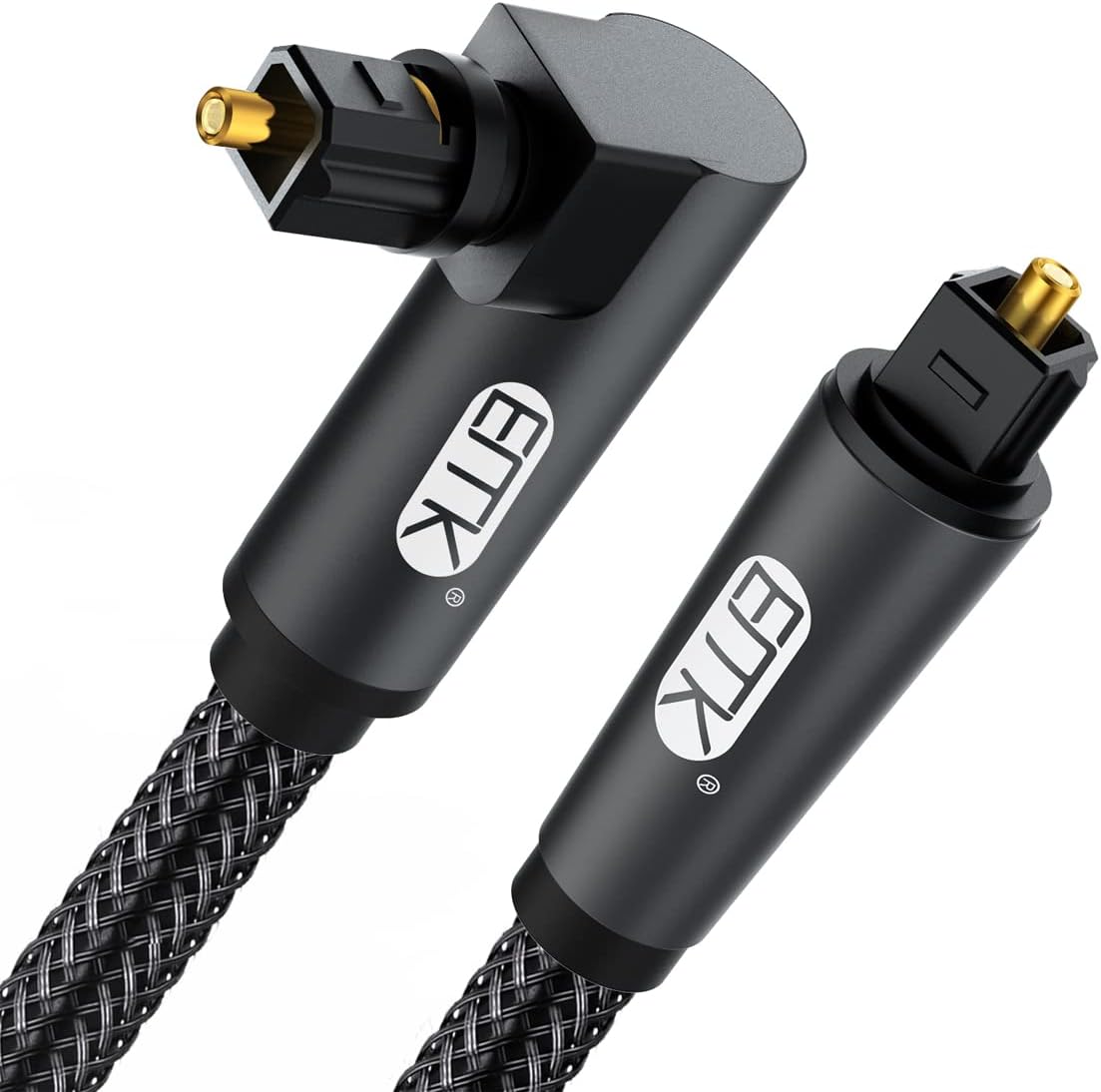 EMK Cable óptico de ángulo recto, cable de fibra óptica de enchufe Toslink giratorio de 90 grados para reproductor de Blu-Ray, barra de sonido, HDTV, PS3/PS4, Xbox (1,5M, Cable Óptico 90°, Negro)