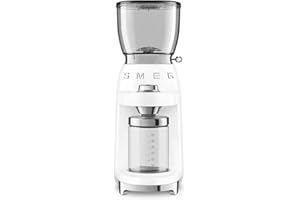 ‎SMEG SMEG, Kaffeemühle CGF01WHEU, konisches Edelstahlmahlwerk, 30 Mahlgrad Einstellungen, 350 g Kaffeebohnenbehälter, Premium Aluminium-Druckgussgehäuse, 150W, Weiß