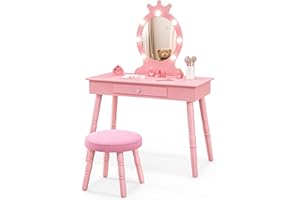 RELAX4LIFE Toeletta Trucco per Bambina con 7 Lampadine LED, 3 Colori di Luci, Specchiera Trucco con Sgabello, Toeletta in Legno, Specchio Rimovibile, per Bambini 3-7 Anni (Rosa)