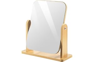 Bahan alamy Specchio cosmetico girevole a 360 gradi, specchio da tavolo in legno, indipendente, per tavolo da toeletta, bagno, camera da letto (22 x 17 cm)