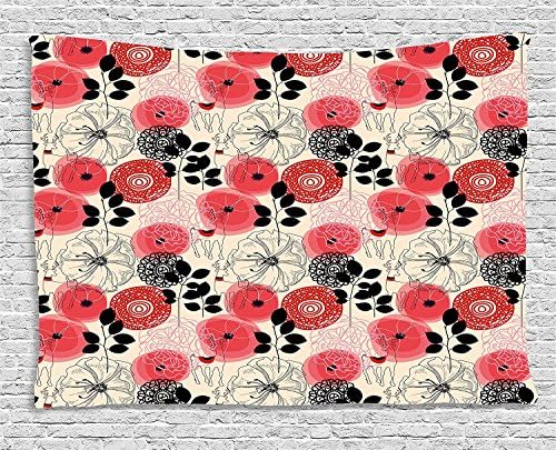 jjonepin Nature Tapestry, Flowers and Deers Mixed with Leaves Branches Bouquet Artistic Design Print, Wall Hanging for Bedroom Living Room Dorm, 80 W X 60 L Inches, Coral Peach Black