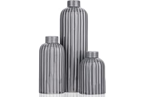 QIANLING Juego de jarrones de cerámica acanalada gris, 3 jarrones pequeños grises, juego de 3 piezas de jarrones grises decorativos esmaltados, sala de estar, mesa, chimenea, cocina, baño, decoración de granja