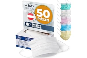 ISC HYGIENE & SAFETY Masques Chirurgicaux ISC H&S, 3 couches, fixations élastiques à l'oreille, lot de 50 masques jetables couleur (blanc)