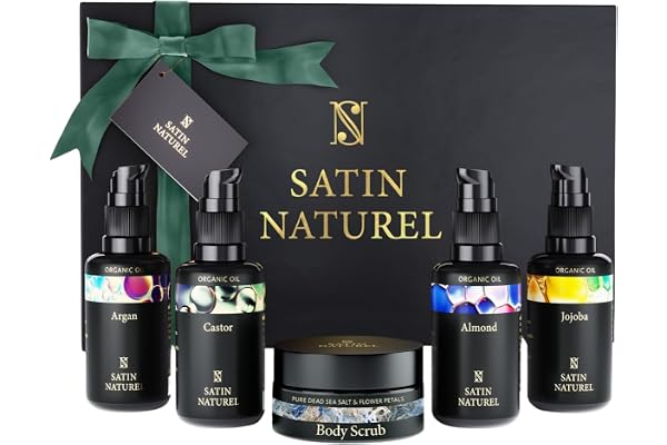 Satin Naturel Coffret Beauté 5x30ml – Huile d’Argan, Ricin, Amande & Jojoba & Gommage Corps – Coffret Cadeau Femme – Idée Cadeau Naturelle