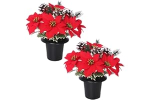CALIKO Christmas Artificial Flowers for Graves Pack 2 | Red Poinsettia with Snowy Cone & Variagated Holly | Cemetery Artificial Grave Flower Pots | Durable Grave Pot for Floral Arrangement Decorations