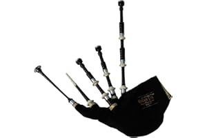 Great Highland Gaitas de Hakam Din - Madera de cocobolo sombreada negra con soportes de marfil de imitación y virolas y toboganes plateados de níquel, cordón de cubierta de terciopelo negro para