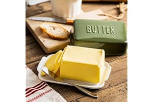 OSKAS Porcelain Covered Butter Dish with Lid for Countertop Butter Holder Container for One Stick of Butter. Textured Tray Butter Keeper for Non Slip Storage-Green Big