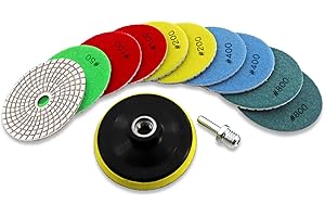 KURSTOL Diamond Polishing Pads Set - 10pcs 100mm Wet Countertop Polishing Pads+1pc Backer Pad of Plastic Body+1pc Adapter M14 Thread to Round Shank for Granite Quartz Stone Marble