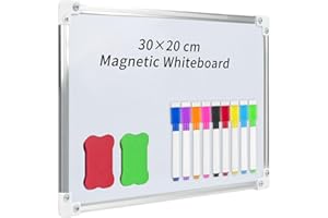 TUFA Pizarra Blanca Magnetica 30x 20 cm,Mini Pizarra Blanca Magnética Doble Cara Pizarra Blanca en Seco con Marco de Aluminio,incluye 9 Lápices para Pizarra,2 Esponja para pizarra Blanca