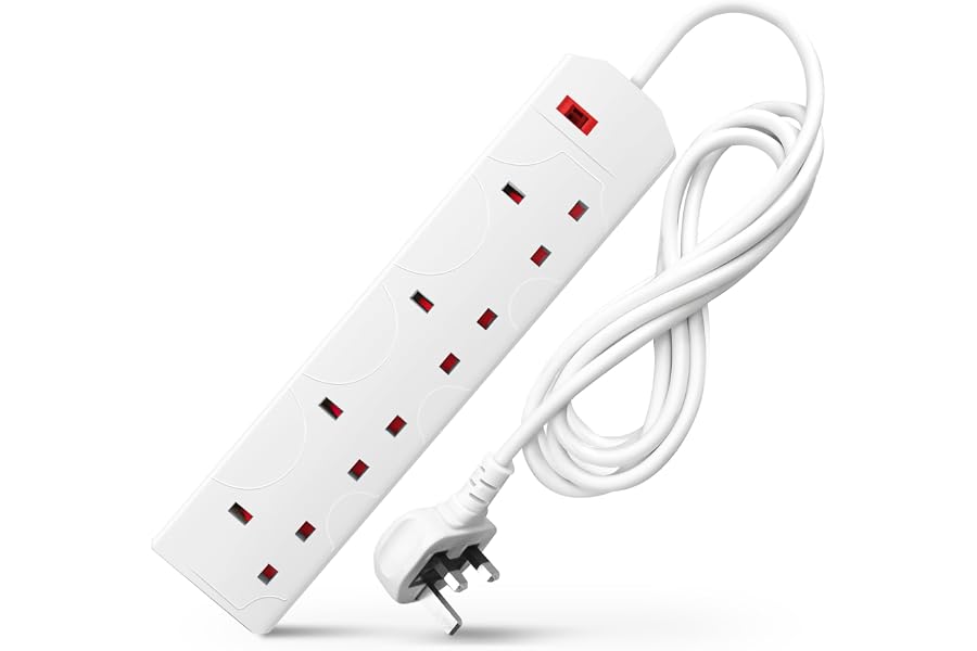 DESIRETECH White Electric Extension Lead - 4 Gang, 2 Metre Cable with UK Plug & 3 Pin Socket - Wall Mountable & Multi Socket 