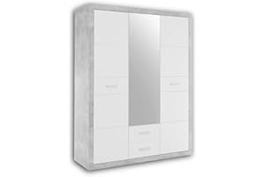 Stella Trading Stone, Elegante Molto Spazio e Anta a Specchio, Versatile Armadio con Ante girevoli, Effetto Cemento e Bianco, Legno ingegnerizzato, 152 x 198 x 55 cm