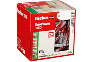 fischer DuoPower 6 x 50, KOŁEK uniwersalna, wysokowydajna 2-komponentowa KOŁEK, plastikowa KOŁEK do mocowania w betonie, cegle, kamieniu, płytach gipsowo-kartonowych i wielu innych, bez śrub, 100 sztuk