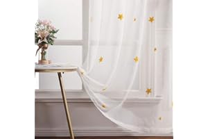 MIULEE Cortina Bordadas de Estrella Visillo Translucido de Dormitorio Infantil y Juvenil para Sala de Estar Cuarto de Niño Salon Casa Comedor Habitación Cortos y Largos 2 Hojas 140x245cm Amarillo