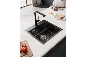 Sofetiy Fregadero Cocina 1 Seno 45x45cm, Fregadero Cocina Negro en Acero Inoxidable, Fregaderos de Un Seno con Sifón y Juego Desagüe, Negro Antracita