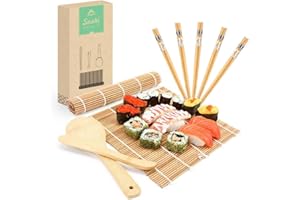 MUDEELA Bamboo Sushi Rolling Mat, Sushi Making Kit 9 Pcs, Beginner Sushi Mat, Includes 2 Rolling Mats, 5 Pairs Chopsticks, Paddle, Spreader, Beginner's Guide (PDF), Roll On, Sushi Maker Kit
