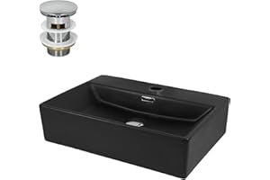 ML-Design Waschbecken aus Keramik in Schwarz matt 510x360x130mm inkl. Ablaufgarnitur, Eckige Aufsatzwaschbecken mit Überlauf, Moderne Waschtisch Waschschale Waschplatz Handwaschbecken, für Badezimmer