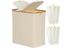 EDWINENE Laundry Hamper with Lid, 2 Compartments, 130 L Large Laundry Basket with Handle and Lid, Laundry Bin,Foldable Clothes Hamper Basket with 2 Removable Inner Bag for Laundry Room (Cream)
