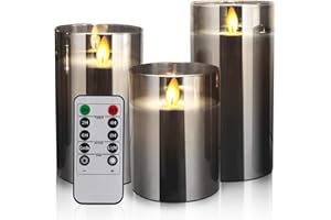 YMing Velas LED sin llama, funciona con pilas, velas parpadeantes de cera real, juego de velas eléctricas, con efecto de cristal dorado con temporizador remoto, paquete de 3 unidades (gris)
