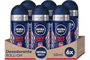 NIVEA MEN Dry Impact - Desodorante Antitranspirante para Hombre Roll-on - 72h de Protección Fiable contra el Sudor - Sin Alcohol - Con 2 Activos Antibacterianos - Todo tipo de Piel - Pack de 6 x 50 ml