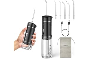 ENPULY Idropulsore Dentale Portatile, Idropulsore da Viaggio, 200ml Irrigatore Dentale Cordless,1 Borsa da Viaggio & 5 Beccucci, 3 Modalità & 5 Pressioni Regolabili, Nero