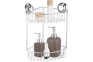 MaxHold Panier de Douche sans Perçage - Double Etagère d’Angle de Douche - Ventouse Système de Vide - Acier Inoxydable Ne Rouille Jamais - Rangement pour Salle de Bain et Cuisine (2 Niveaux)