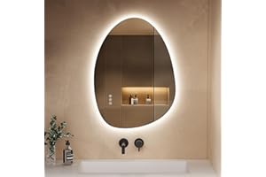 S'AFIELINA Miroir LED de Salle de Bain 60 x 45 cm, Design Asymétrique, Interrupteur Tactile, Miroir de Salle de Bain avec éclairage, 3 Couleurs de Lumière, Luminosité Réglables, Fonction Anti-Buée
