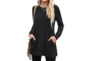 PrinStory Long Sleeve Tops Women Lightweight Jumpers Ladies Crew Neck Sweatshirts With Pockets