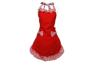 MIYA HAUSHALT Miya® süße Prinzessin rot Küche Schürze Grillschürze mit rot & weiß Karo Muster kariert Schleife und Taschen aus Baumwolle, süßes Gechenk für Mutter, Frau, Freundin, Tochter, Schwester usw.