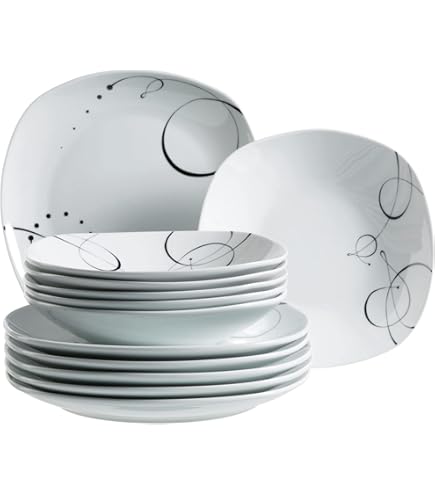 CreaTable, 24025, Serie Square Orchidee, 12-teiliges Geschirrset für 6 Personen, Tafelservice aus Porzellan, spülmaschinen- und mikrowellengeeignet, Qualitätsproduktion
