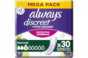 Always Discreet, 30 Serviettes Hygiéniques Incontinence Femme, Normal 3 Gouttes, Protection Absorbante pour Fuites Urinaires Modérées, Mega Pack