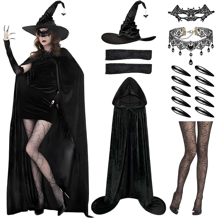 Cape Noire Avec Capuche Halloween - Kit Complet Avec Masque Dentelle, Chaîne Gothique Et Bas