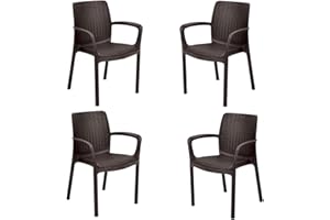 Keter Bali - Pack x4 Silla jardín para Interior y Exterior con reposabrazos Ideal para Jardines y terrazas, apilable, Resina con Acabado de ratán Plano, Color Marrón