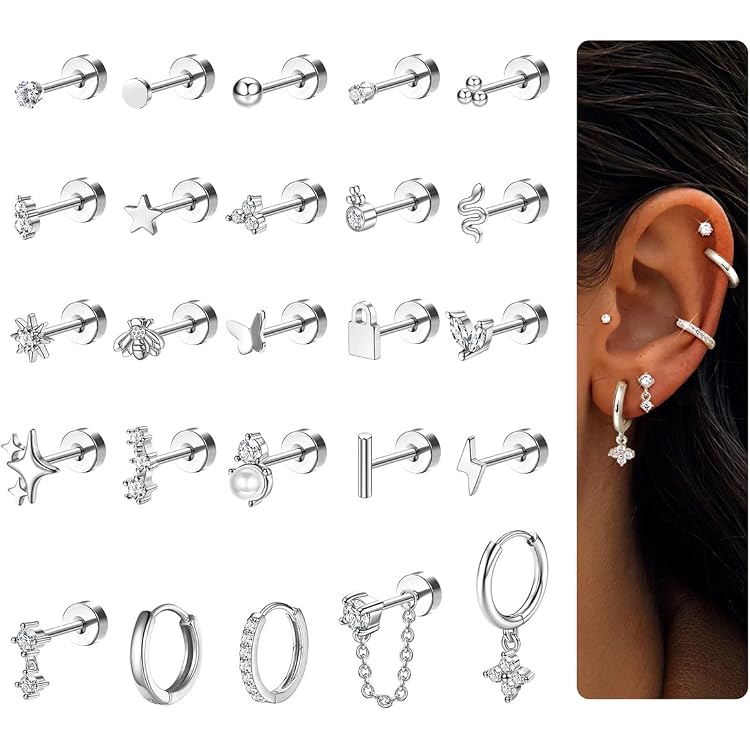Set De 7 Paires De Boucles D'oreilles Femme Plaqué Or 14K - Créoles, Clous Cartilage, Hypoallergéniques, Pour Lobe, Helix, Tragus