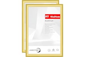 HIMEETIME Lot de 2 cadres photo A5/21x15cm en Aluminium Doré ，Cadre à Documents A5 Cadre photo avec plexiglas pour montage mural ou affichage sur table