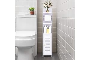 powerking Toilet Paper Holder Stand, Toilet Storage Cabinet for Bathroom, Slim Corner Shelf for Small Space Storage, Small Bathroom Storage Cabinet with Toilet Roll Holder & Door - White