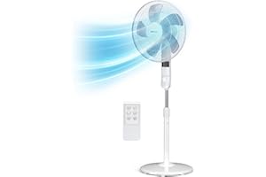 ‎PRO BREEZE Pro Breeze 40 cm Standventilator mit Fernbedienung und LED Display, 80° Oszillation Ventilator mit 3 Geschwindigkeitsstufen, Nachtmodus & 7.5 Timer, 55W Motor und höhenverstellbar 115-135 cm, Weiß