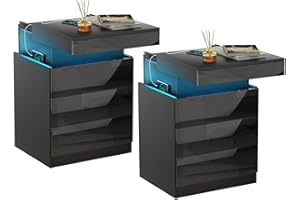 Lvhecforhm Set di 2 Comodino con Presa e porta USB, Comodini Camera da Letto Pannello Scorrevole, Comodino con illuminazione LED Regolabile, Nero Intelligente Comodini Camera da Letto con 3 Cassetti