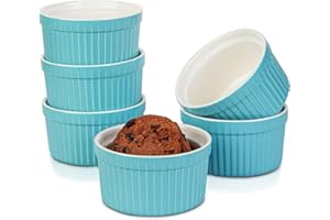 120ml Ramequin Creme Brulee, Candiicap Lot de 6 Moules à Soufflés pour la Cuisson, le Pudding, la Crème Brûlée, les Tasses à Crème Anglaise, la Trempette de Service (120ml, Bleu Mat)