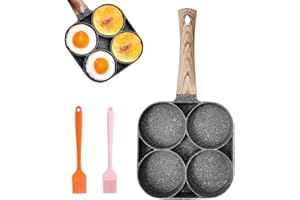 Whcctl Poêle à Pancakes, Poêle à Crêpes 4 trous Poêle antiadhésive Poêle à Omelette, Livré avec deux brosses à huile pour Oeuf au Plat, Hamburger
