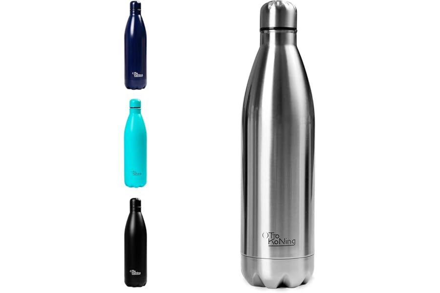 Water Bottle Otto Koning 1L - 1 Litre Stainless Steel Vacuum Insulated Flask - Keeps Cold 24h / Hot 12h - Large Leak Proof & BPA Free Metal Drinks Bottle for Gym, Hiking & Sports