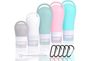 BAHAN ALAMY Zestaw silikonowych butelek podróżnych, szczelne pojemniki podróżne, 5 sztuk, zestaw przyborów toaletowych z karabińczykiem, szczotką do czyszczenia, wielokrotnego użytku, przenośny pojemnik na