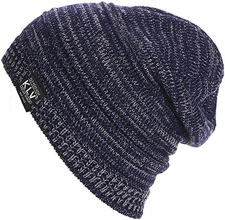 KLV Womens Mens Slouch Beanie Outdoor Ski Skull Cap Warm Knitted Striped Hat(Navy blue)